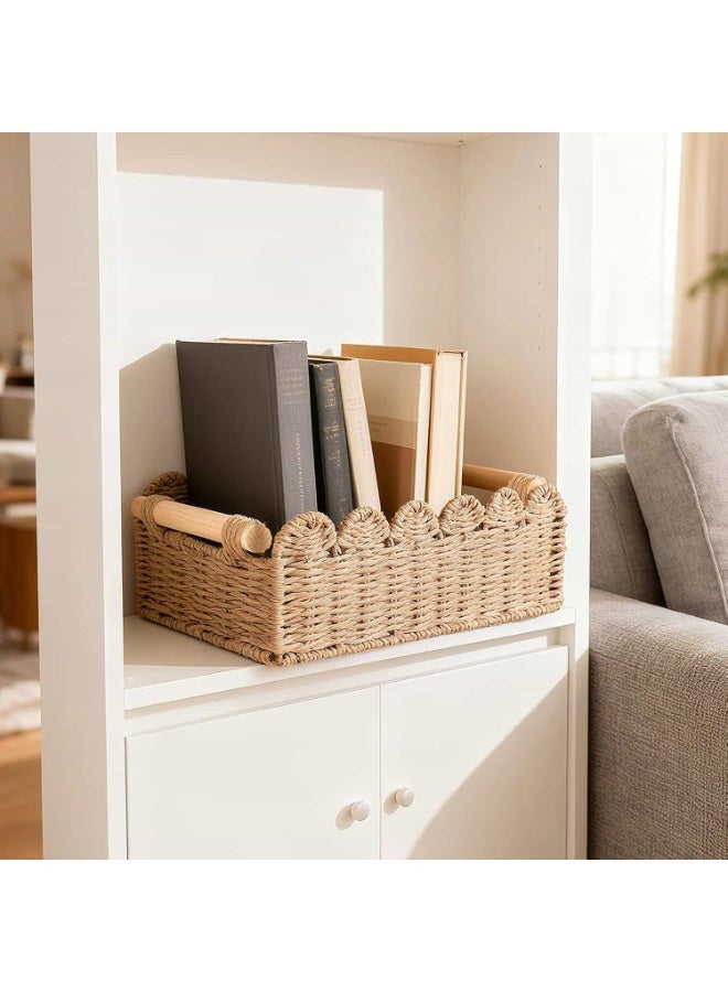 Anmi 1 Piece Wicker Storage Basket | Bathroom Toilet Paper Organizer | Ramadan & Eid Decor | Scalloped Edge with Wooden Handles for Bathroom Counter Bedroom Kitchen Nursery - Image 4